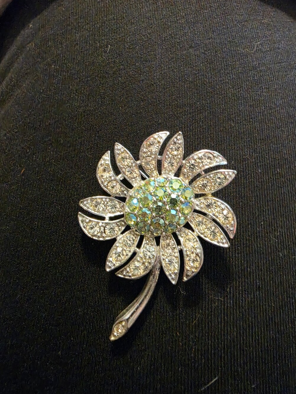 Silver Flower Crystal Brooch with Iridescent Center - Women Jewelry